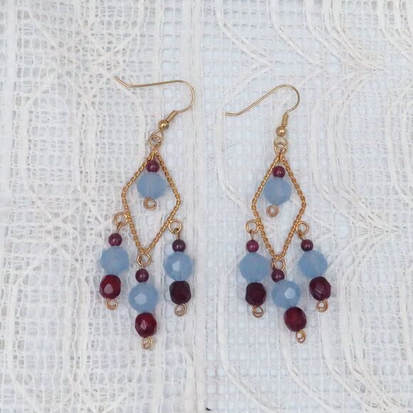 Handmade Garnet Chandelier Earrings on Gold Toned Diamond Shapes for Women - Picture 1 of 7